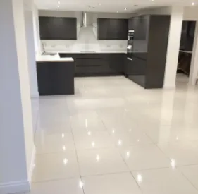 tiled floor and kitchen